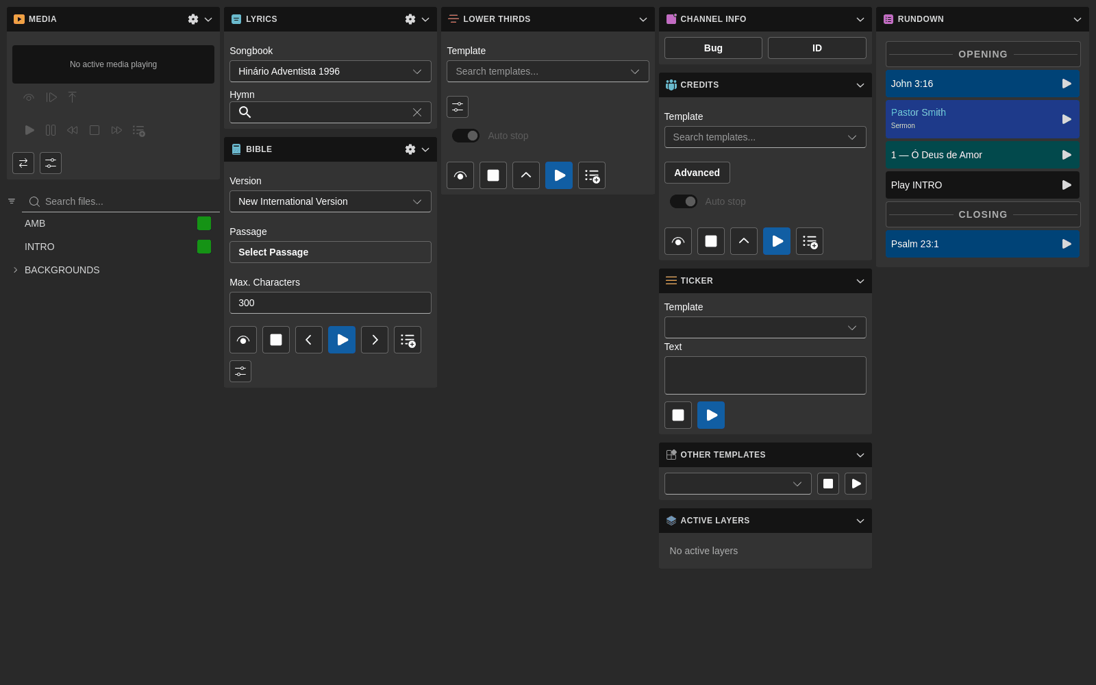 The 7CG operator surface — Media, Lyrics, Lower thirds, Channel info, Credits, Ticker and Rundown side by side.